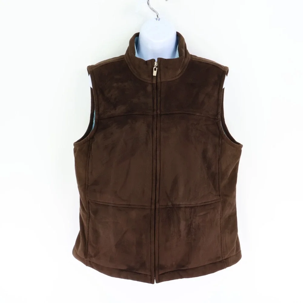 Caribbean Joe Full Zip Vest Womens Size L Brown Polyester Soft Lining Mock Neck